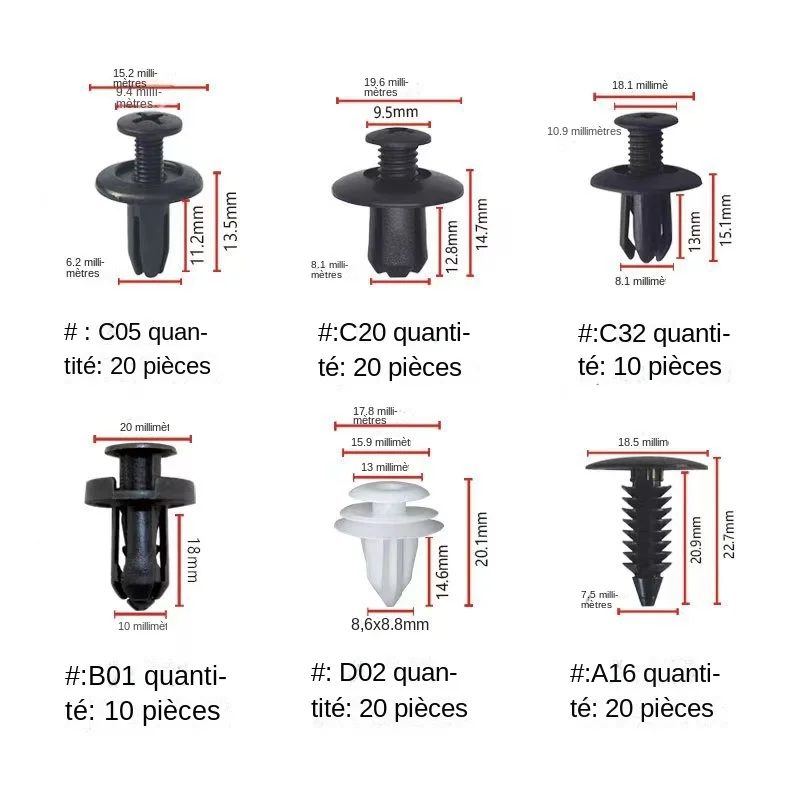 Universal Car Plastic Fixed Buckle Parafuso de Expansão Fixador, Pacote Misto de Saco OPP, 6 Tipos, 50-100Pcs