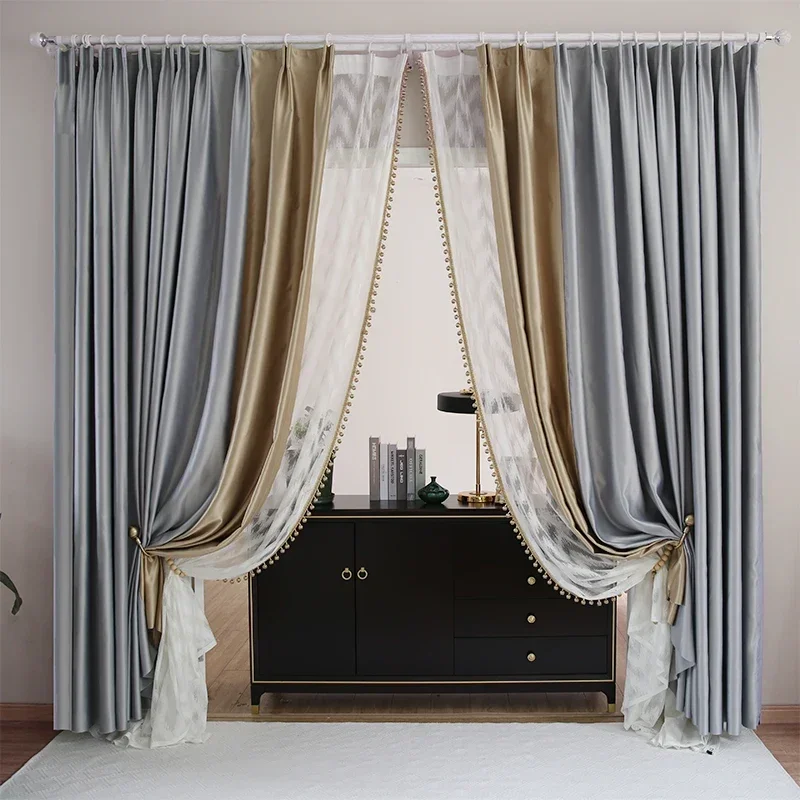 Light Luxury High-end Imitation Bright Color Pure Cotton Modern Simple Color Matching Curtains for Living Dining Room Bedroom