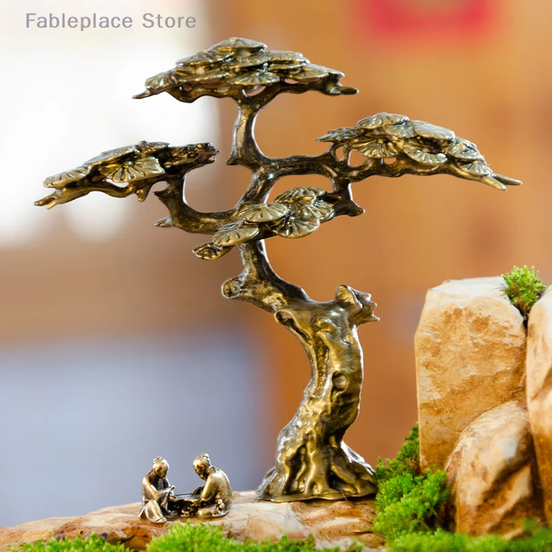 1 Pc Brass Mini Welcome Pine Figurine Tree Miniature Landscape Small Bonsai Tree Statues Decorations Accessories