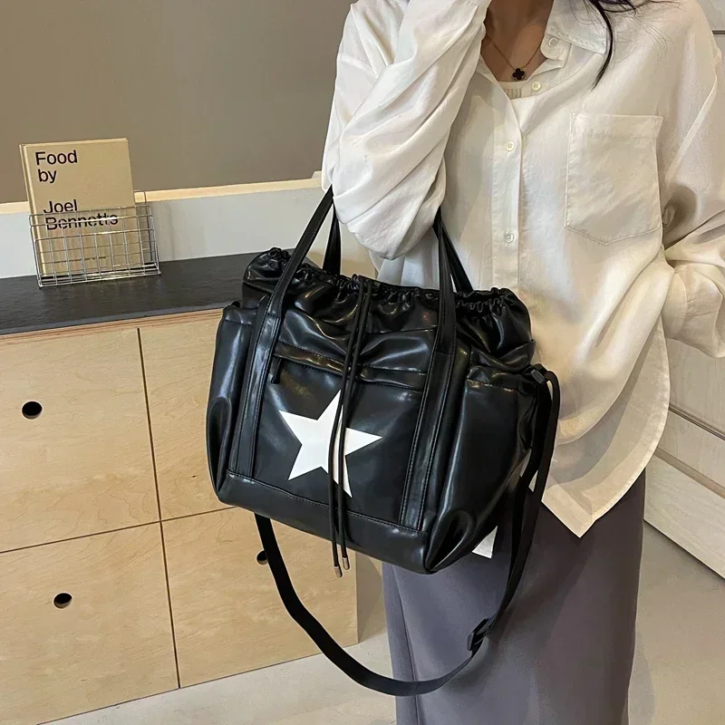 Star Print High Quality String PU Hand Bags High Capacity Casual Tote Ruched Shoulder Bags 2024 Hot Sale Bags for Women Bolsa