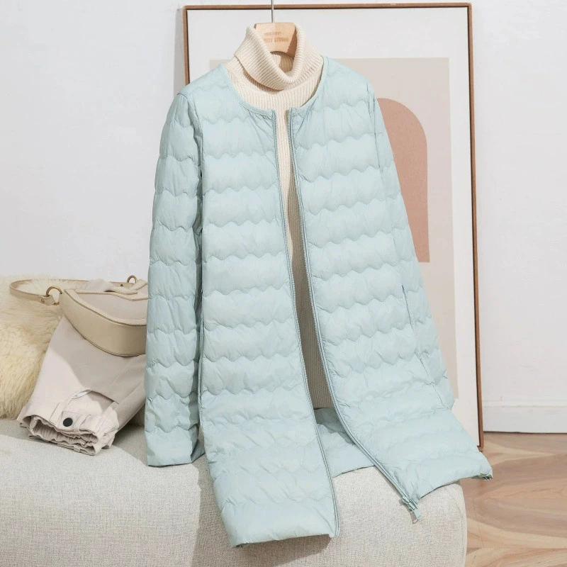 Schinteon Women's Lightweight White Duck down Long Jacket Casual Collarless Autumn Winter High Qaulity Outwear 2025 Slim Coat