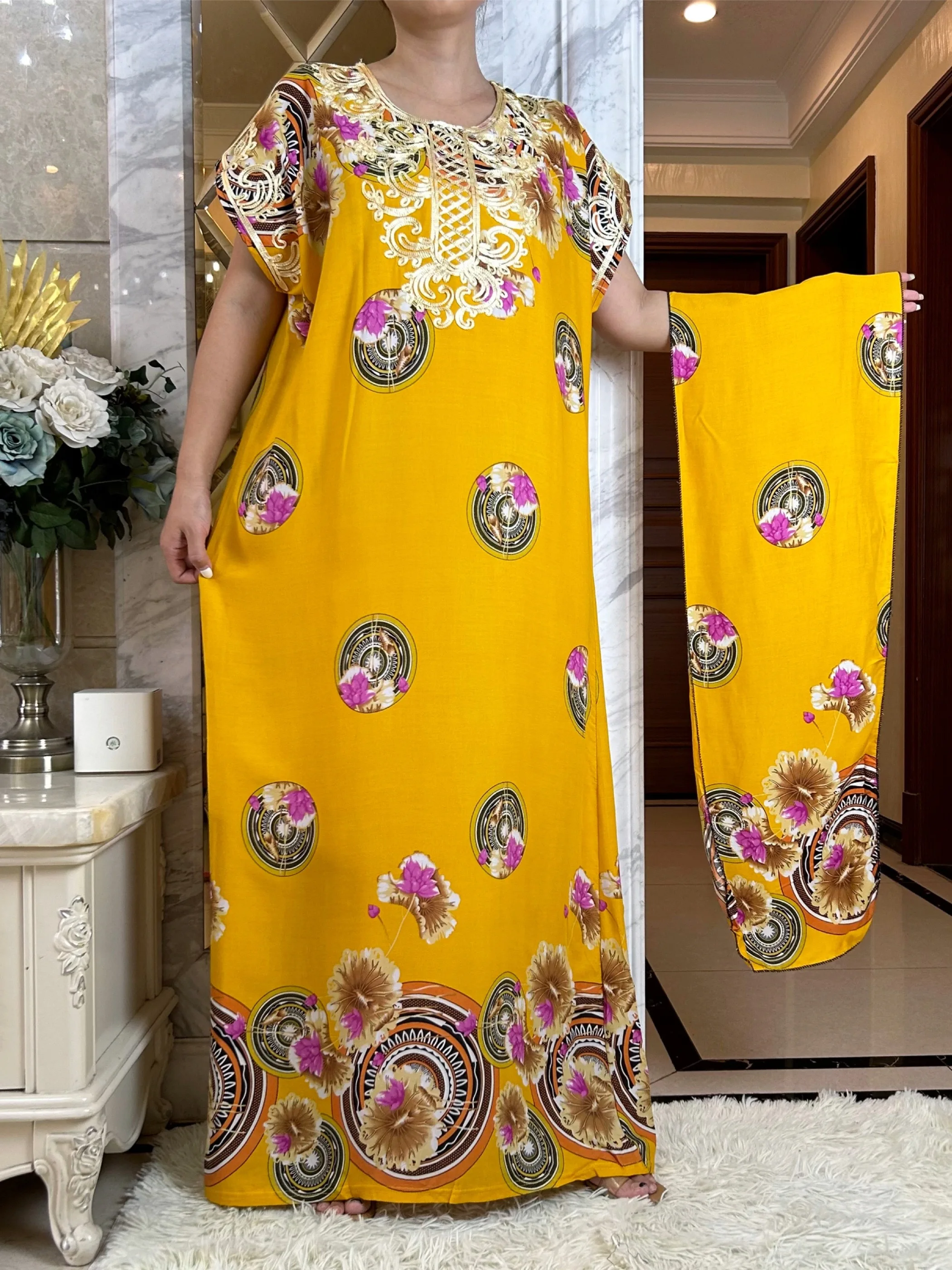 

New Summer African Style Short Sleeve Dress Islam Dashiki Floral Print Gilding Cotton Caftan Lady Dubai Maxi Casual Abaya
