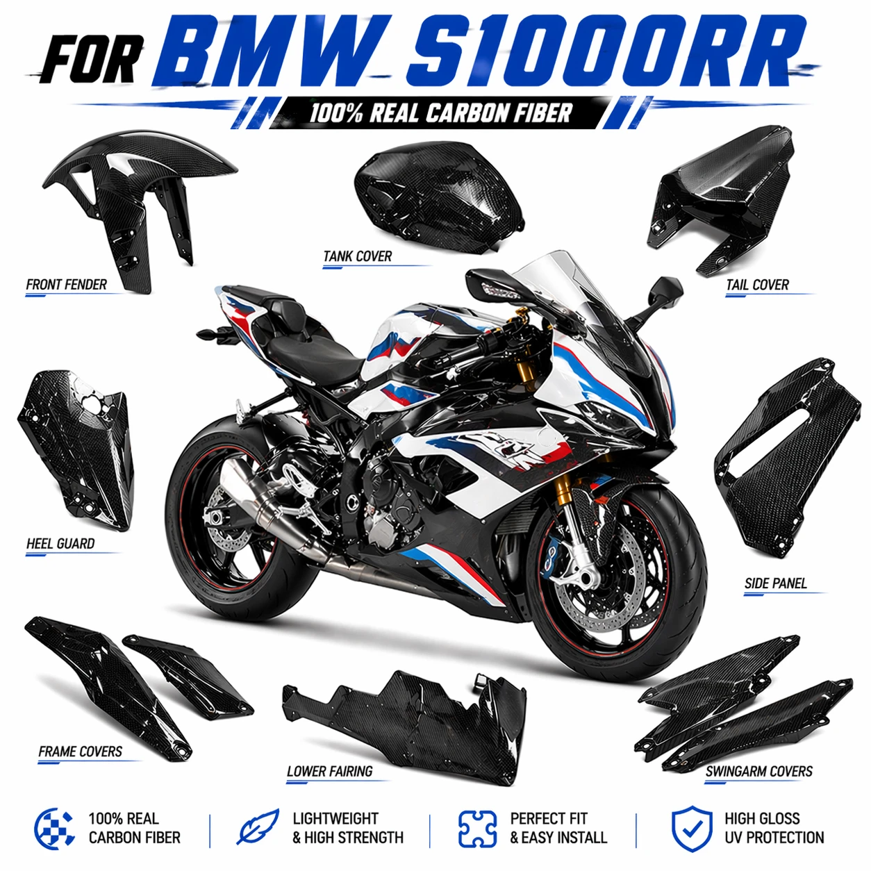 

Carbon Fiber Fairing Kit Bodywork Front Fender Side Panels Tank Cover Tail Cowl for BMW S1000RR 2019-2025 Motorcycle Accessories