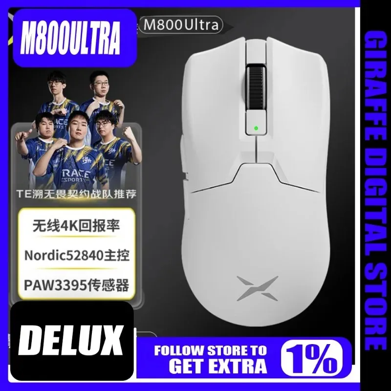 

Delux Game Mouse Wired Wireless 2.4GBluetooth Tri-Mode PAW3395Lightweight Mouse 4K M800Ultra White Nordic52840 Esports Game Gift