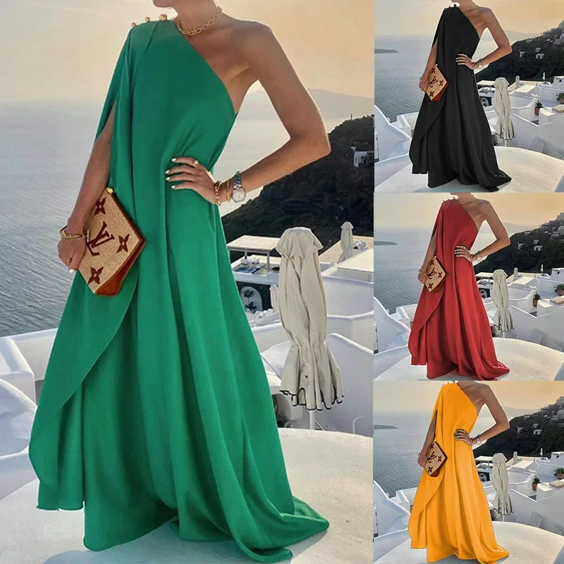 

Summer New Women's Clothing Temperament Fashion Solid Color Loose Shoulder Long Dress