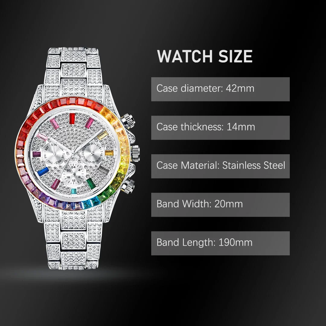 MISSFOX Men Watches 2022 New Hip Hop Business Colorful Diamond Male Wrist Watches Stainless Steel Waterproof Quartz Clocks Gifts