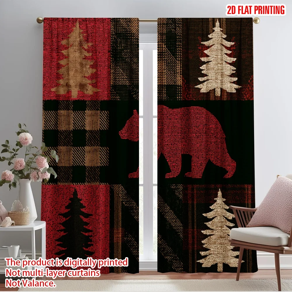 2pcs,2D plane printing Curtain Fabric Forest animals with red and black squares Durable Polyester (without rod) All Seasons