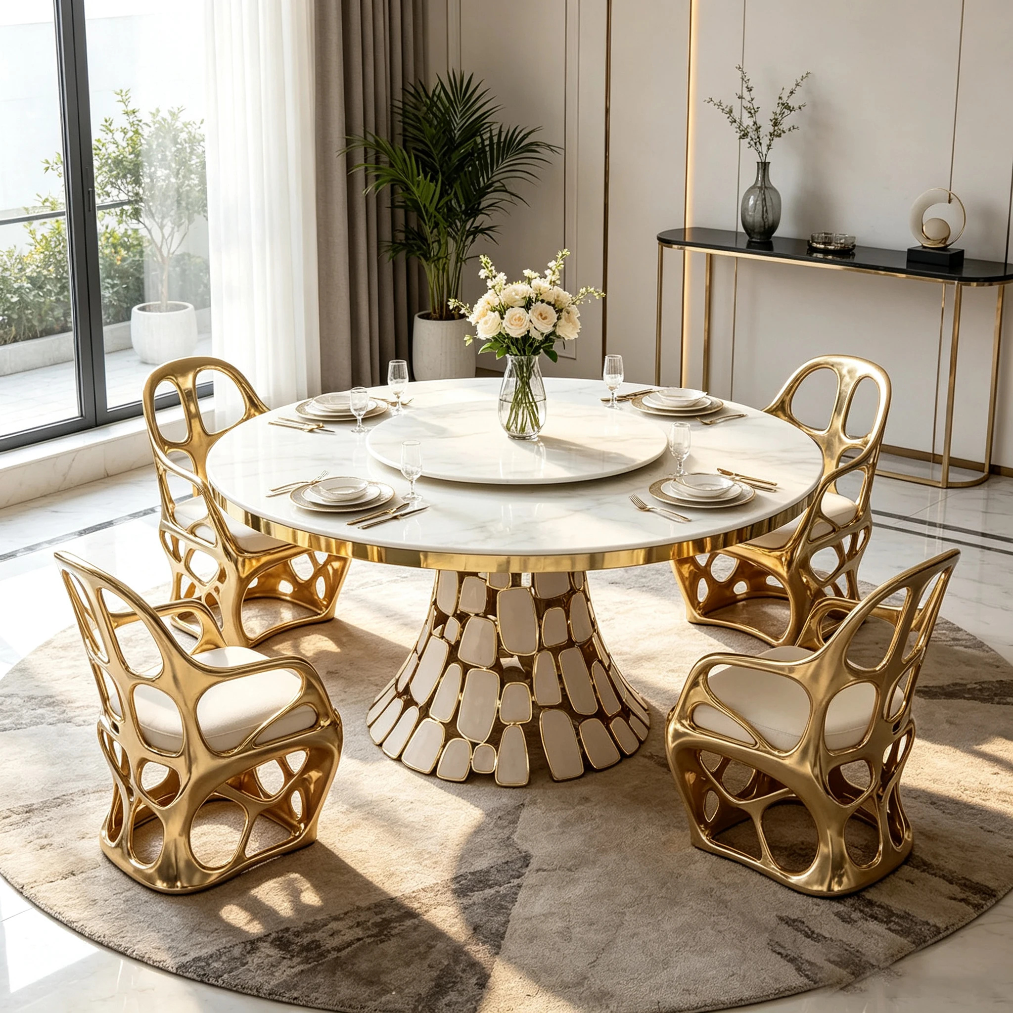 S*-Hollow-carved Mirror Gold Fiberglass Dining Set Round Marble Tabletop Padded Chairs