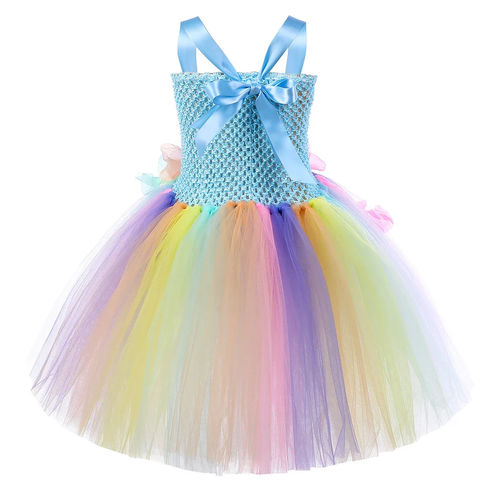 Fairy Princess Tutu Dress Rainbow Floral Tulle Gown Butterfly Wing Outfit Elegant Sweet Attire Birthday Party Layered Mesh Skirt