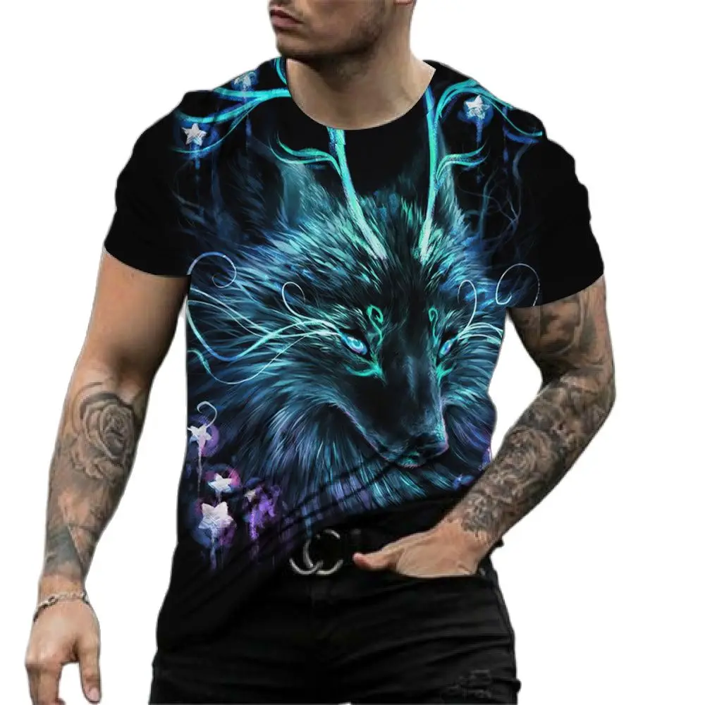 Vintage T Shirt Mens 3D Animal Print Short Sleeve Tops Casual Street Wolf Graphics T-shirt Oversized Tee Shirt Men Clothing