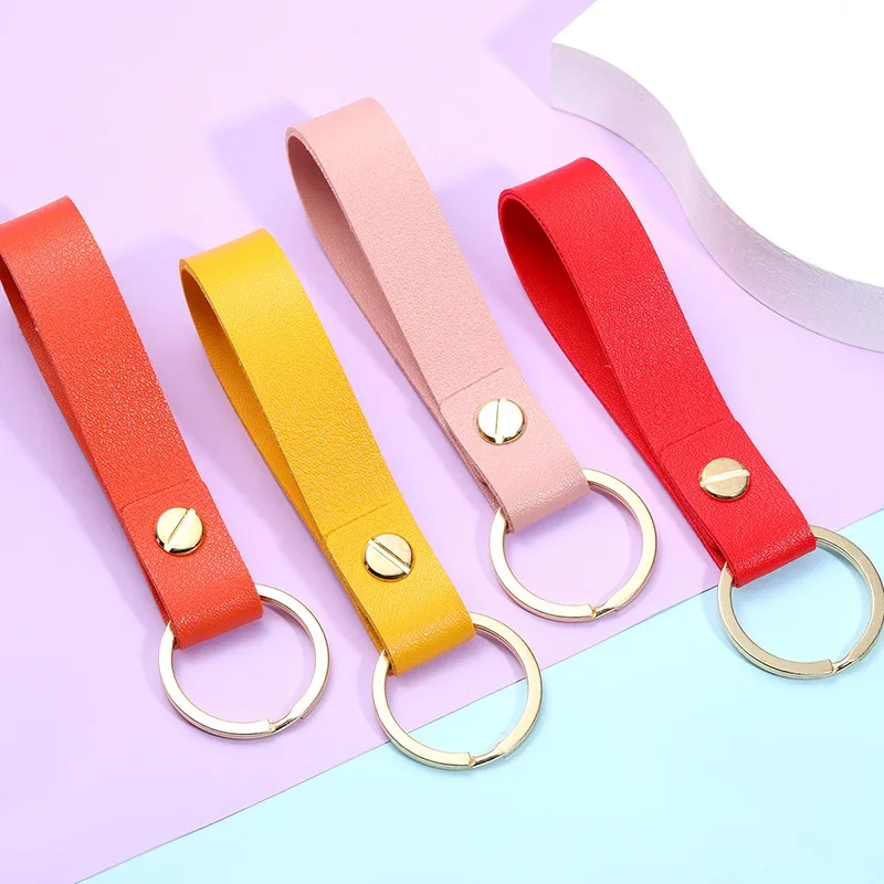 8 Colors Gold-color Metal Round Keyring Bright Colorful PU Leather Key Chains for Men Fashion Waist Hanging Keyholder Wholesale