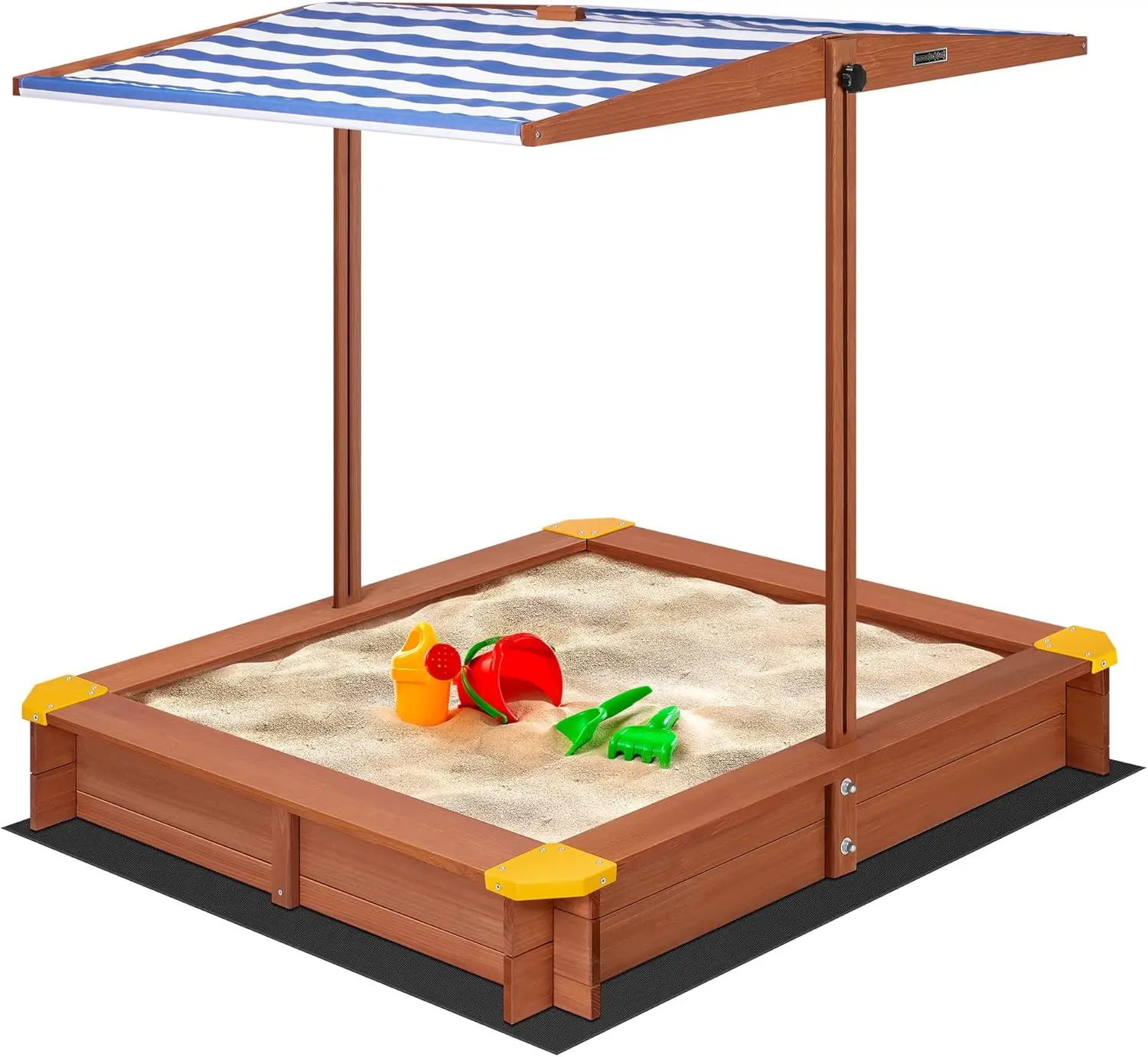 Covered Wooden Sandbox Height Angle Adjustable with Rotatable UV-Resistant Canopy Sand Protection Bottom Liner for Home Backyard