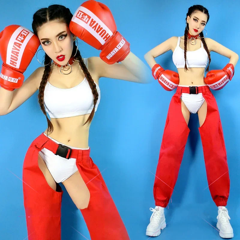 

Stage Costumes Women Bar Clothing Personality Sports Suit Ds Dj Nightclub Singer White Bikini Red Open File Trousers DNV13170