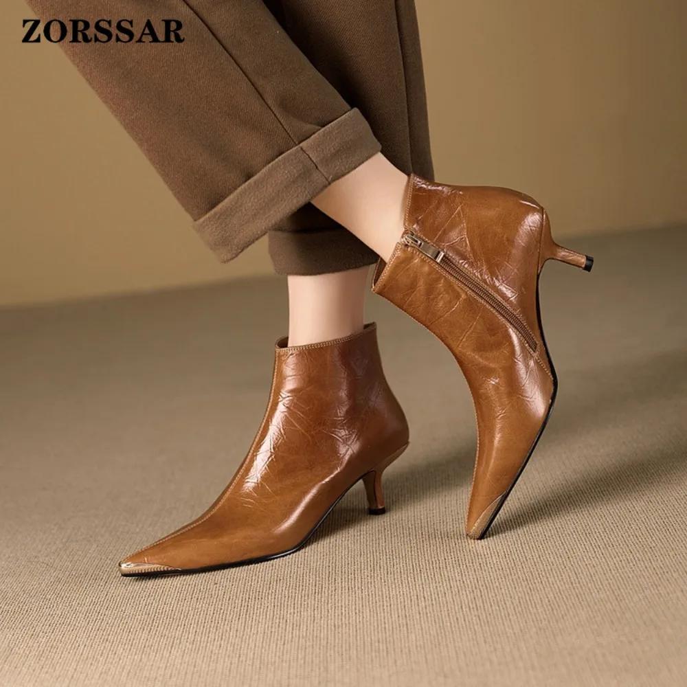 2026 Autumn Women shoes Genuine Leather Western Boots Women Shoes Pointed Toe Stiletto Heels Chelsea Boots Retro Ankle Boots