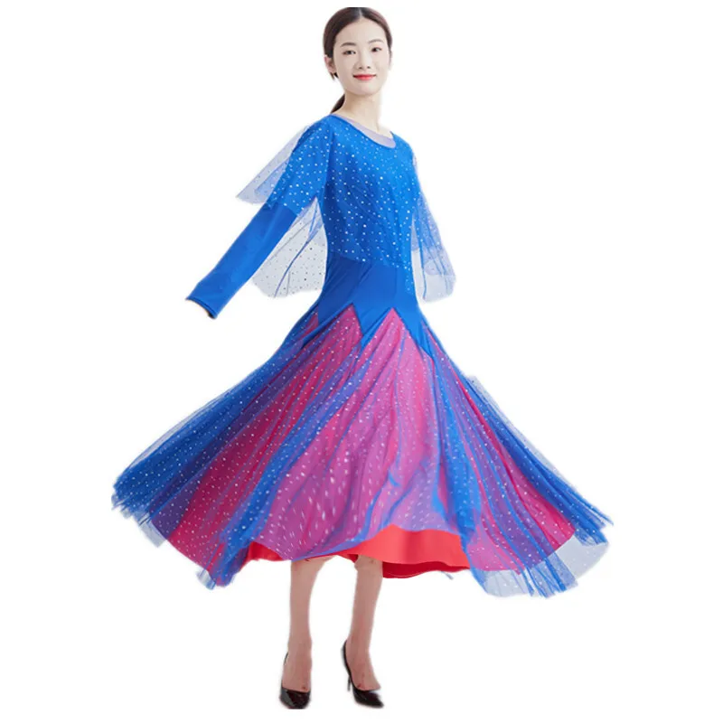 Modern Blue Dance Dress Social Dance Performance Dress Long Sleeve Big Swing Dress Dance Dress New Practice Dress