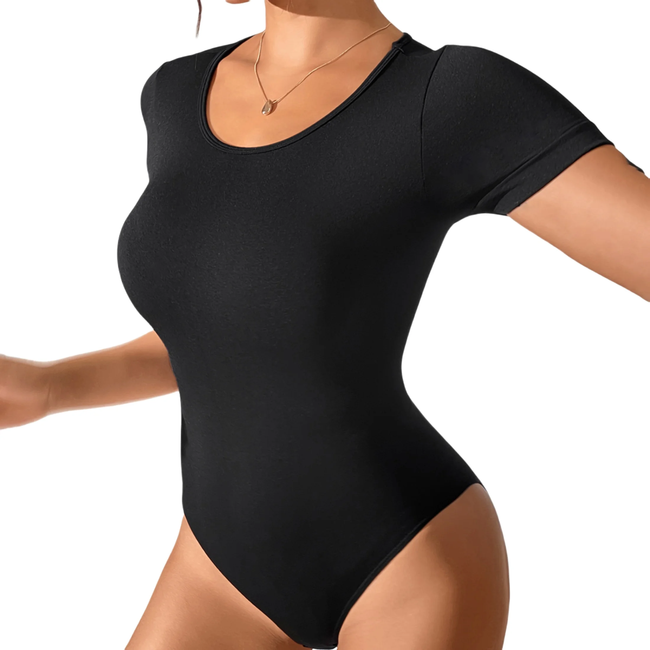 Round Neck Short Sleeve Bodysuit Shaper High Elastic Waist Abdomen Control Seamless Non-Roll Shapewear for Women Daily Gym