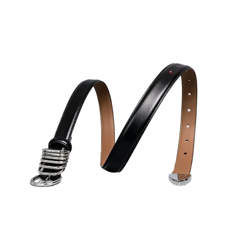 Black Leather Belts Cool Needle Metal Buckle Two-layer Cowhide Belt for Women Man Personalized Belt for Jeans Casual Pants Dress