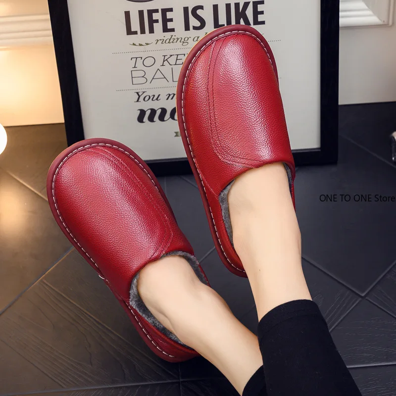 

Autumn Winter Home Cotton Slippers Women's Waterproof Leather Confinement Shoes Thick-soled Non-slip Warm Couple Cotton Shoes
