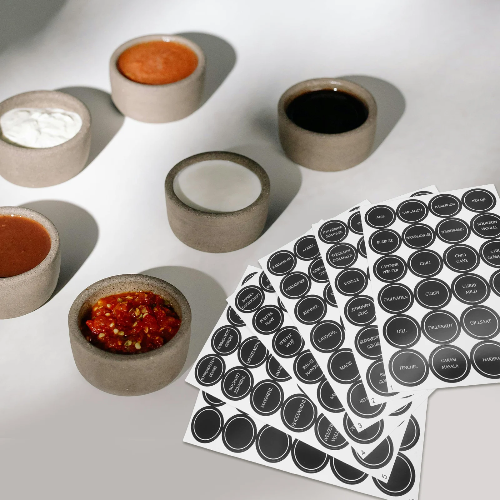 6 Sheets Waterproof Small Round Spice Stickers for Kitchen Jars Containers German Flavor Labels Clear Readable Reusable