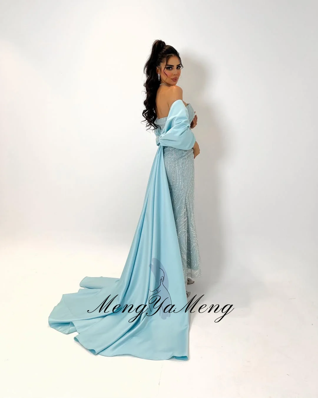 ZHUISHU Blue Luxury Evening Gown Strapless Beading Straight Gown with Train Customized Ankle-Length Special Occasion Party Dress