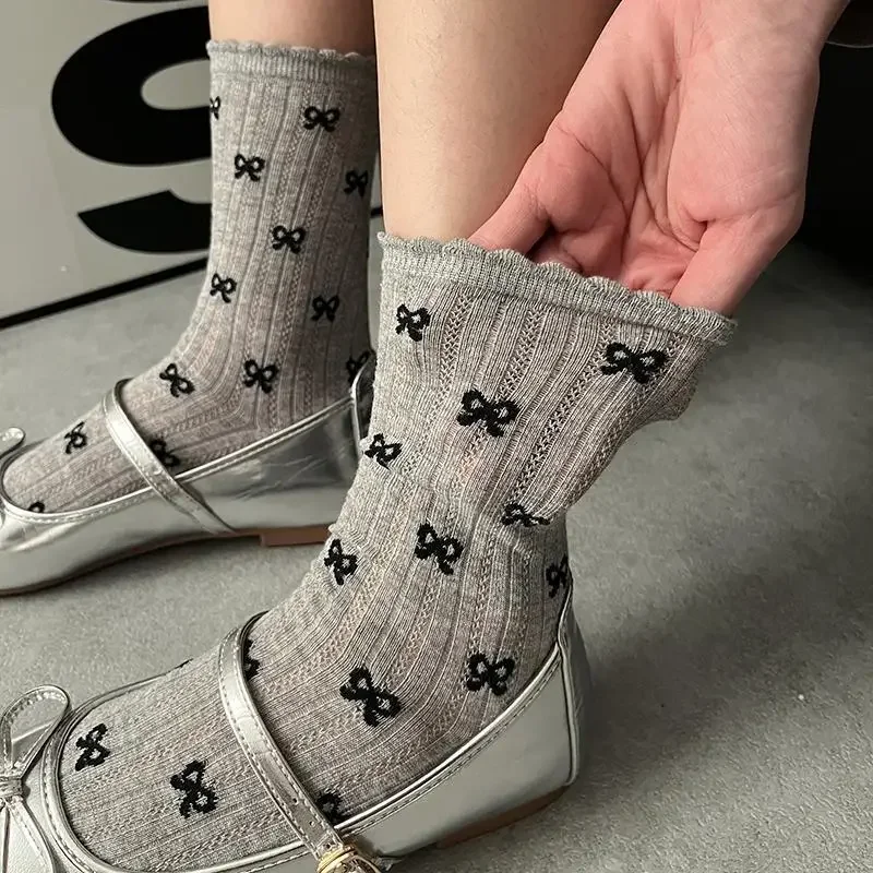 1/4pairs Thin Breathable Summer Women Bow Socks Korean Fashion Solid Color Loose Long Socks Japan School Girls Grey White Socks image 4