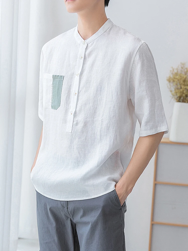

Premium Flax ort Sve irt Men's Five Sve Stand Collar Summer Thin Cotton Linen Casual Lightweight f Sve irt