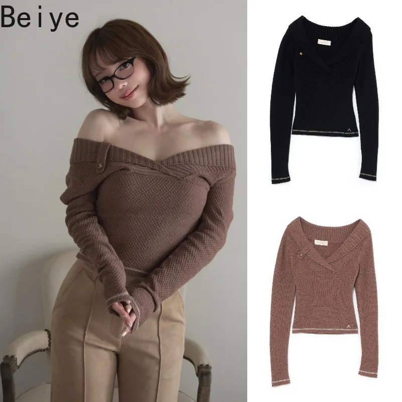 Women Jirai Kei Off Shoulder Knit Sweater Lapel Collar Button Decor Long Sleeve Jumpers Lady Slim Harajuku Pullover Y2K Knit Top