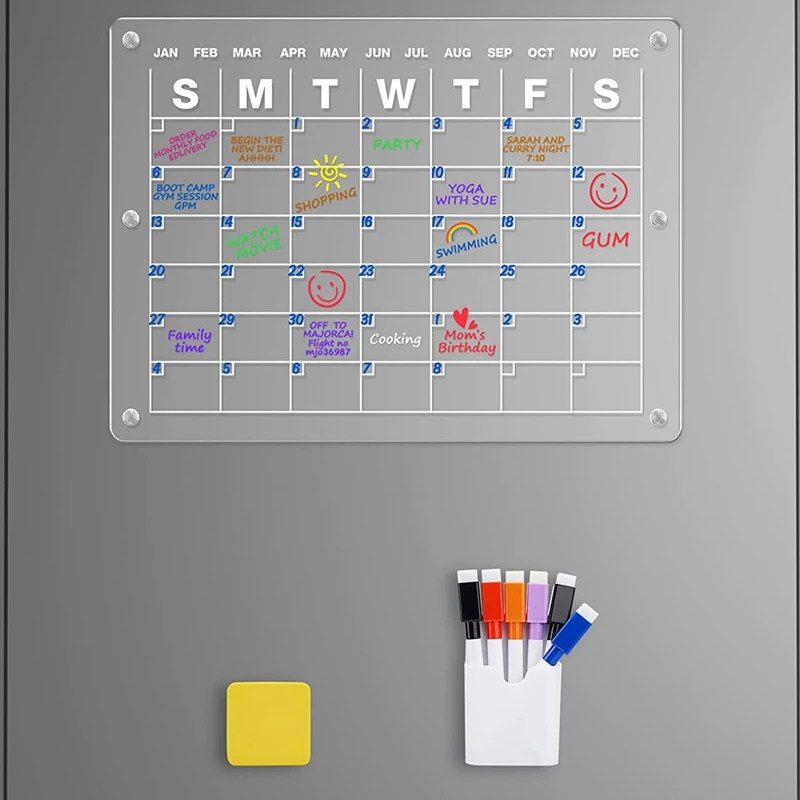 Acrylic Magnetic Calendar Dry Erase Fridge Calendar Board For Fridge,16X12 Inch (1 Set)