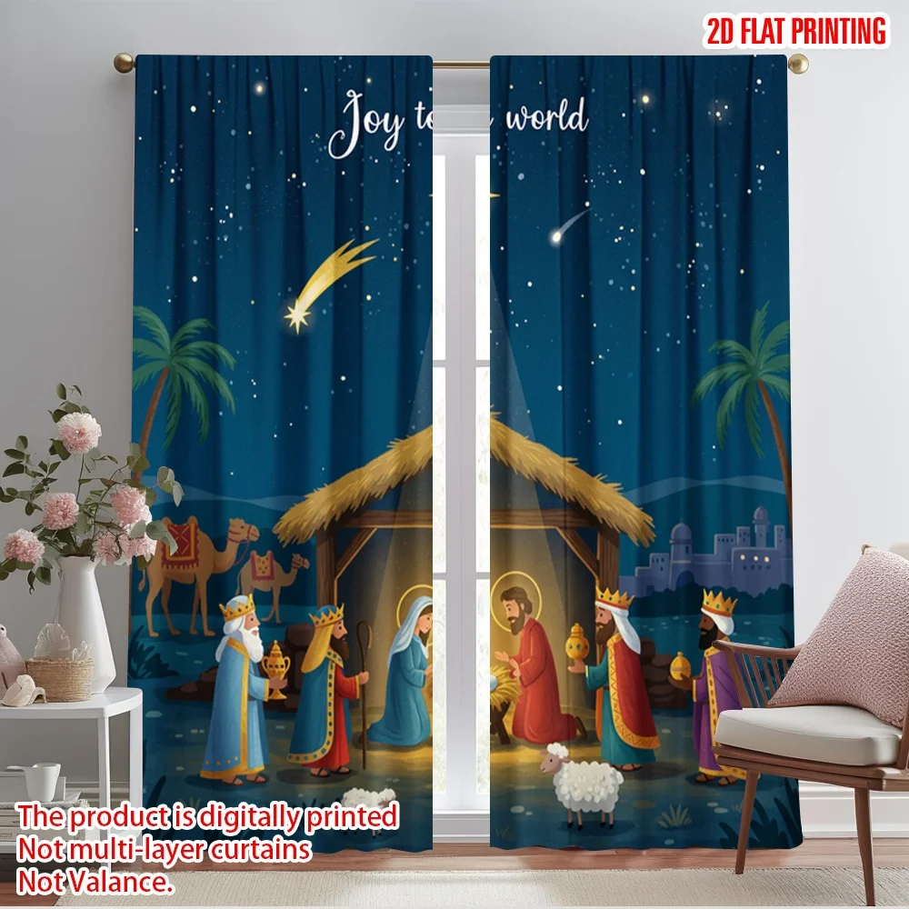 

2pcs 2D flat printing Curtains Nativity Scene Joy World Fabric Without Electricity 0 Use for Bedroom Office Living Room Home