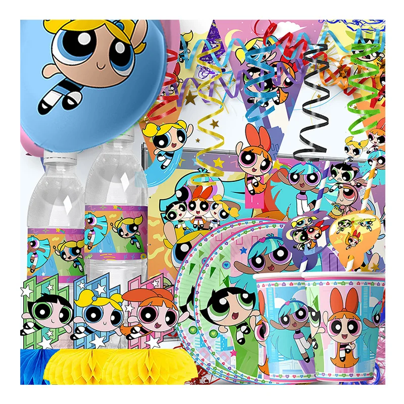 Cartoon The Powerpuff Girls Birthday Party Disposable Tableware Supplies Anniversary Banner Cake Topper Backdrop Baby Shower