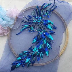 1Pc Peacock Flower Patch Sequin Embroidered Gown Appliques Collar Mesh Sew Patch For Wedding Decoration Dress DIY 38*22CM