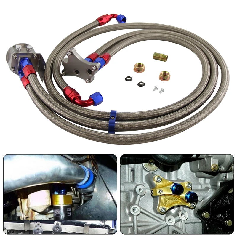 AN10 Filter Sandwich Adapter+Nylon Braided or SS Braided Oil Line Fits For Nissan SR20DET S13 S14 S15 SR20DE Black/Silver
