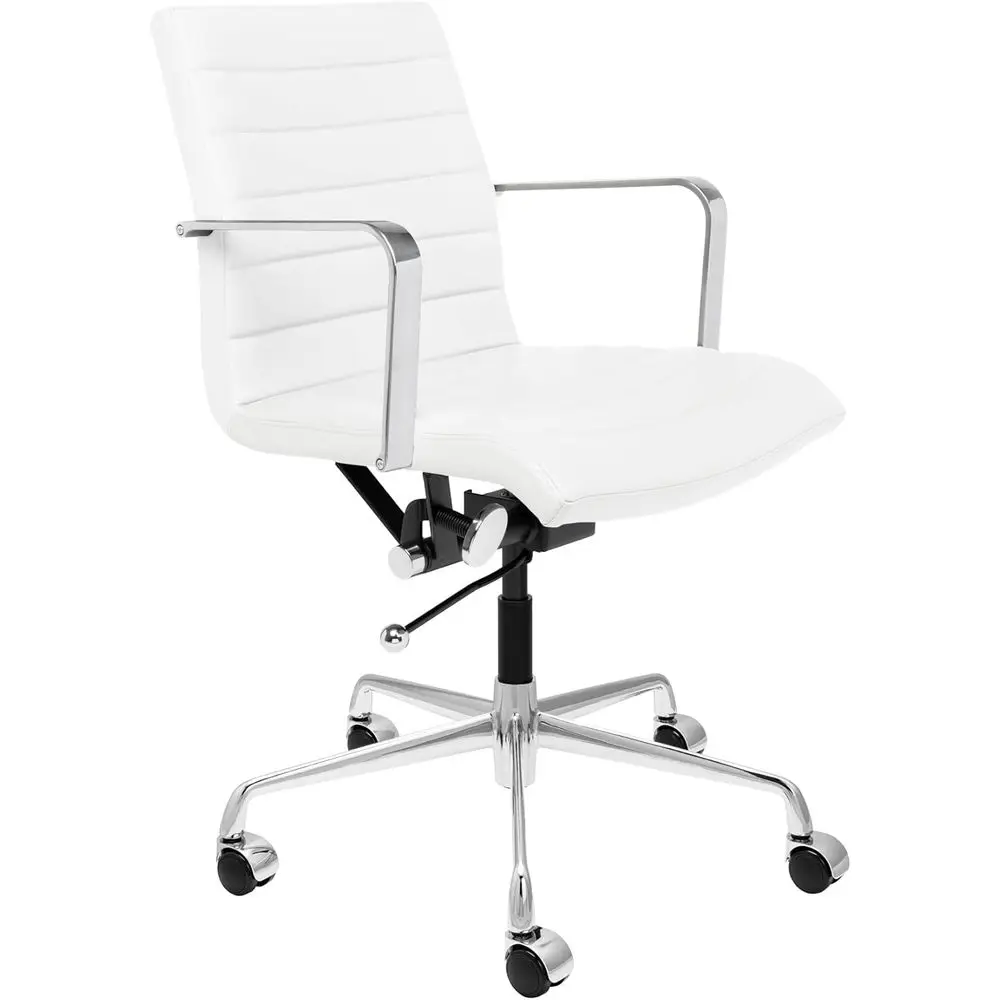 

Ribbed Office Chair with Ergonomic Design, Armrests, Swivel, and White Leatherette Upholstery