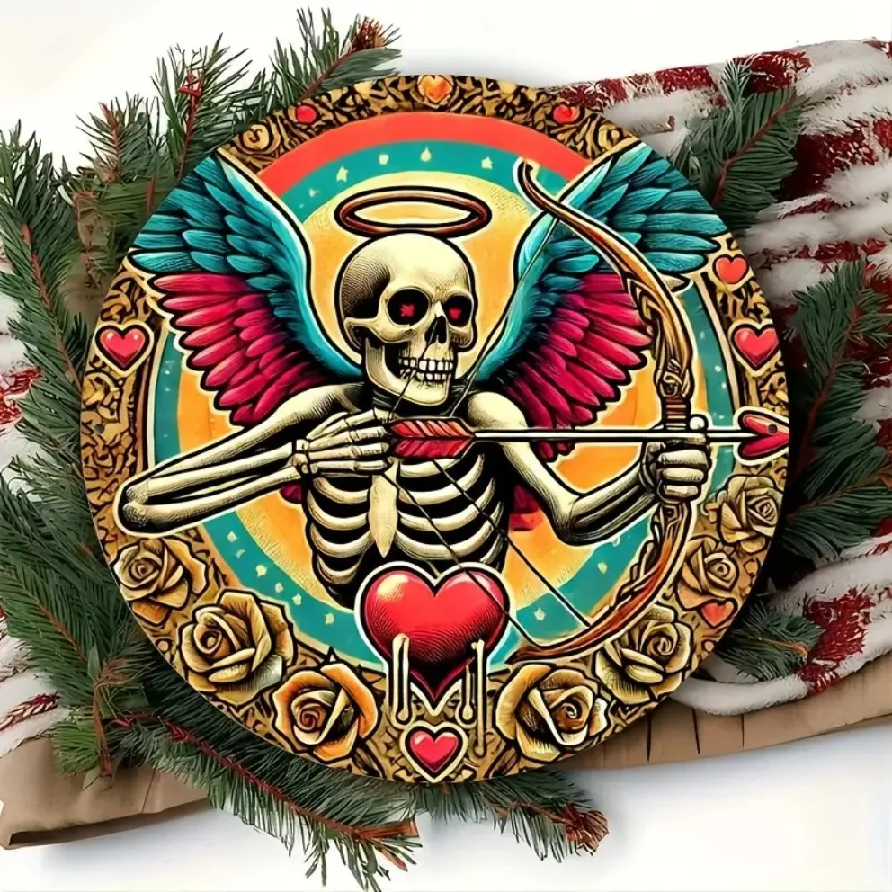 Gothic Cupid Metal Wall Decor - Skeleton Angel with Heart Arrow, Indoor Outdoor Home Office Art