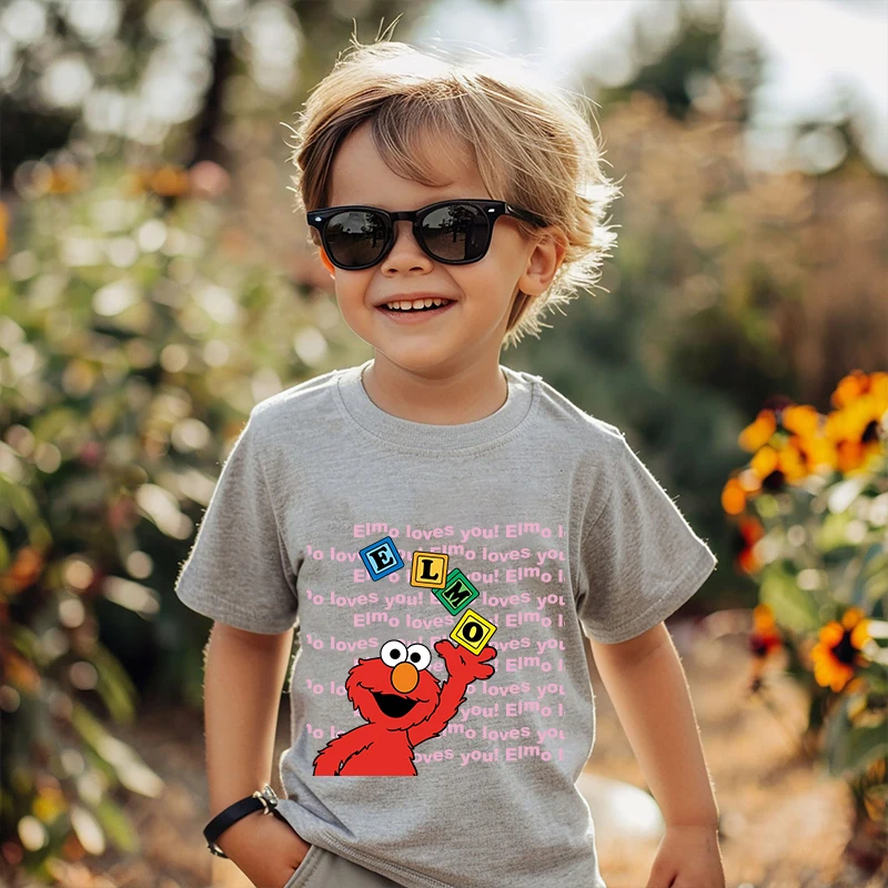 Sesame Street Printed Kids T-shirt Summer Children's Cotton Short Sleeve Suitable for Boys and Girls Gray Casual Tops