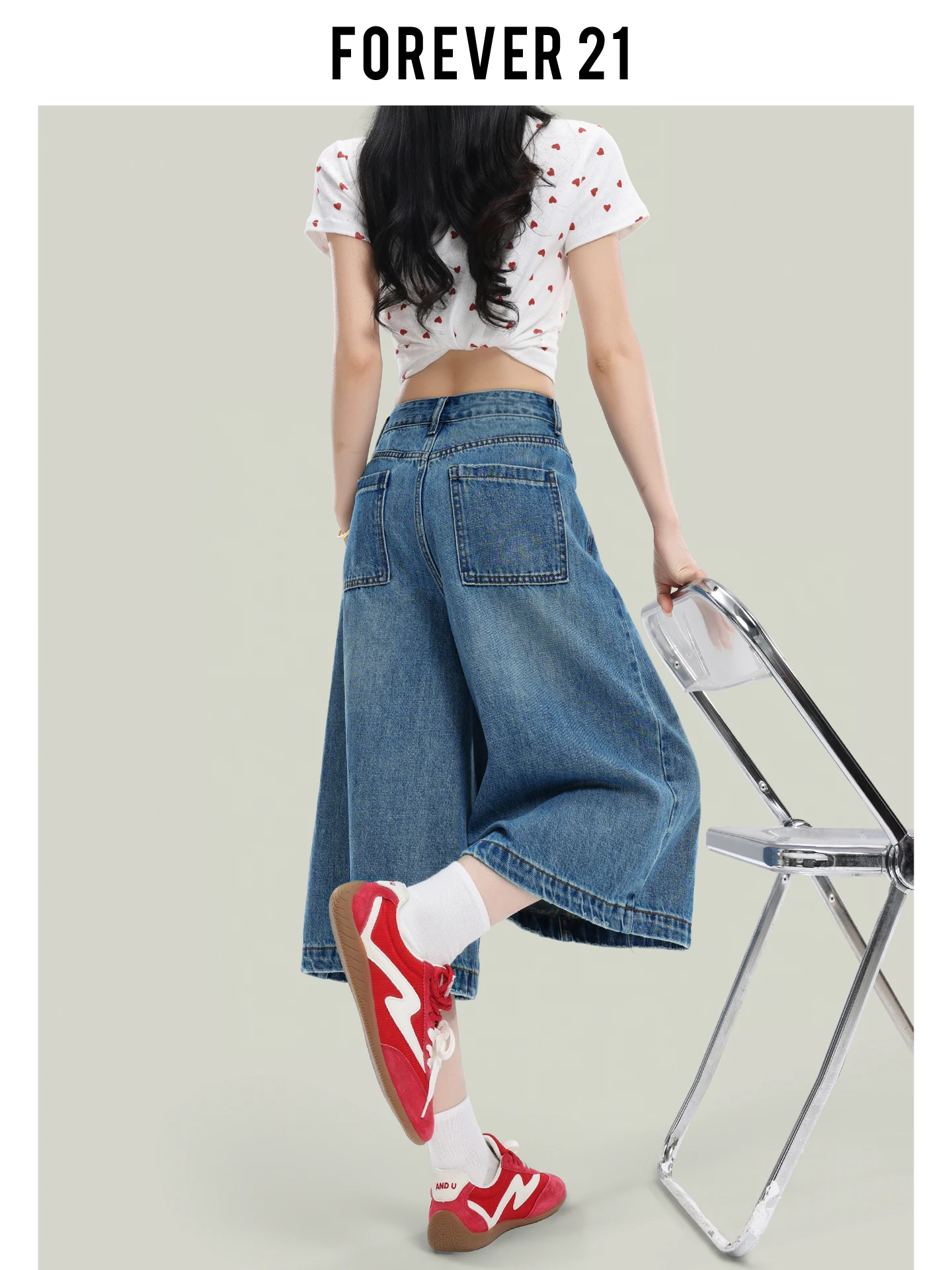 Jeans de Mezclilla Anchos de Estilo Retro Americano, Color Azul, para Mujer, Cintura Alta, Versátiles, Holgados, Rectos, de Tres Cuartos, Forever 21
