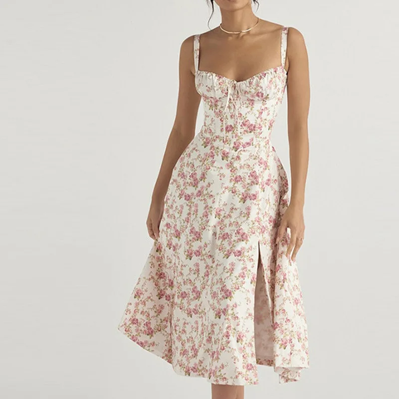 Sommerkleid für Damen mit Blumenmuster, langem Schnitt, verstellbaren Trägern, Midi-Korsett, Urlaubs- und Strandkleid, fließend, mit Schlitz und Schnürung, für Ausgeh-Anlässe – Detail 7