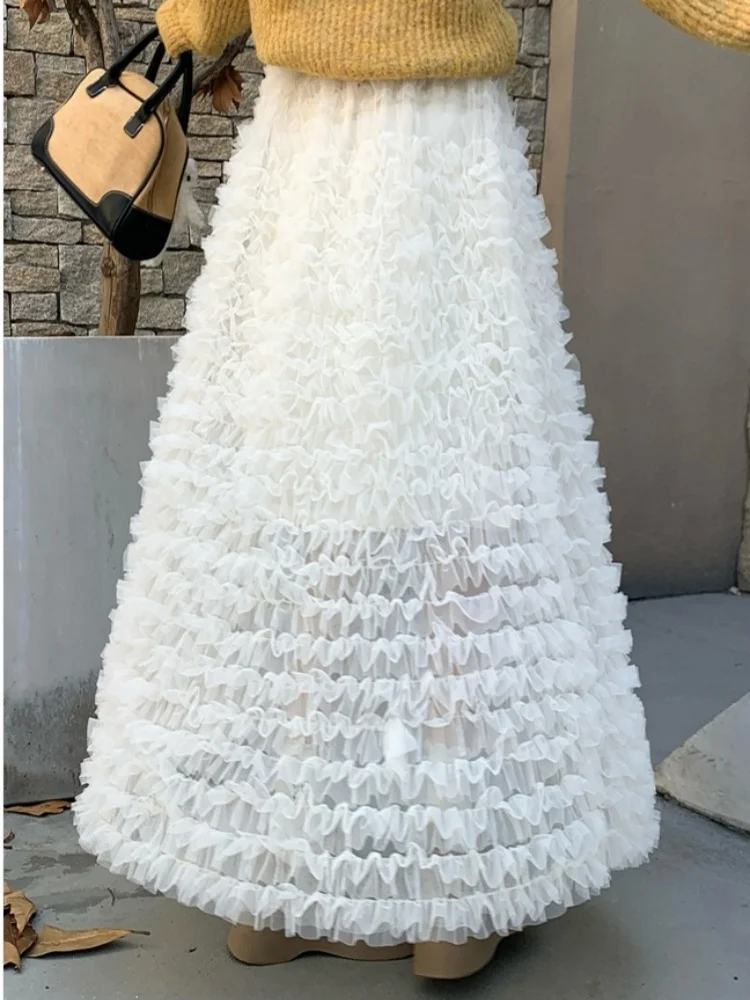 SMTHMA Elegant Mesh Cake Gauze Skirt  Women's New 2025 Autumn Winter Elastic High Waist Fluffy Long Skirt