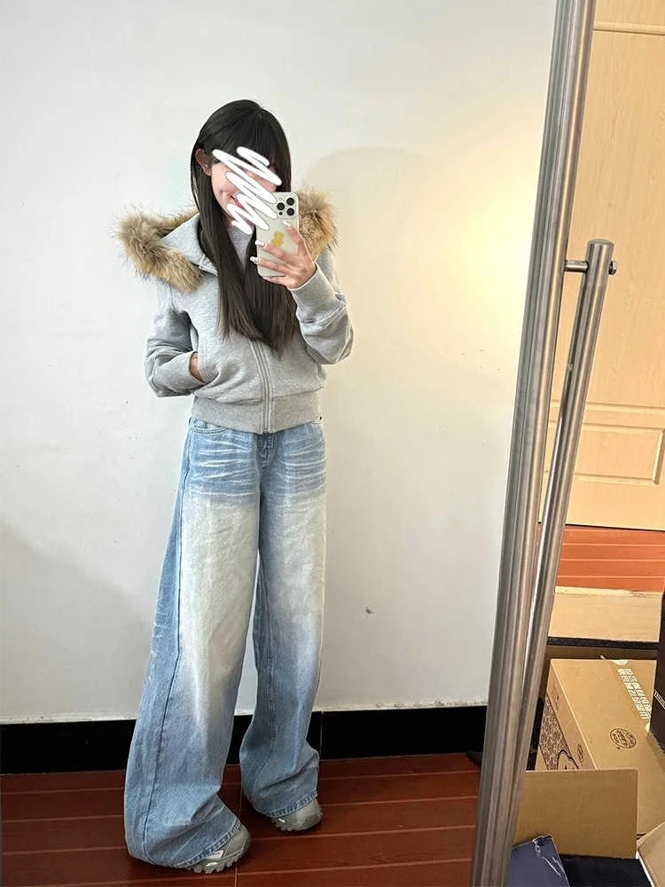 

American style retro crease washed denim pants women in spring high waist floor length loose straight leg wide leg pants