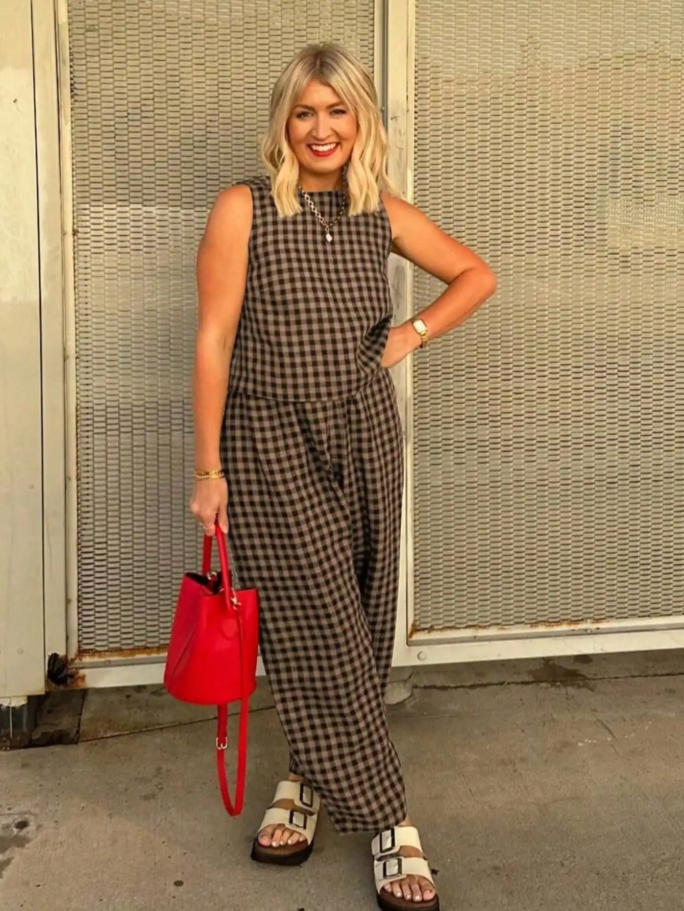 

Женский комбинезон без рукавов в клетку с широкими штанинами, повседневный тканый наряд для летнего образа