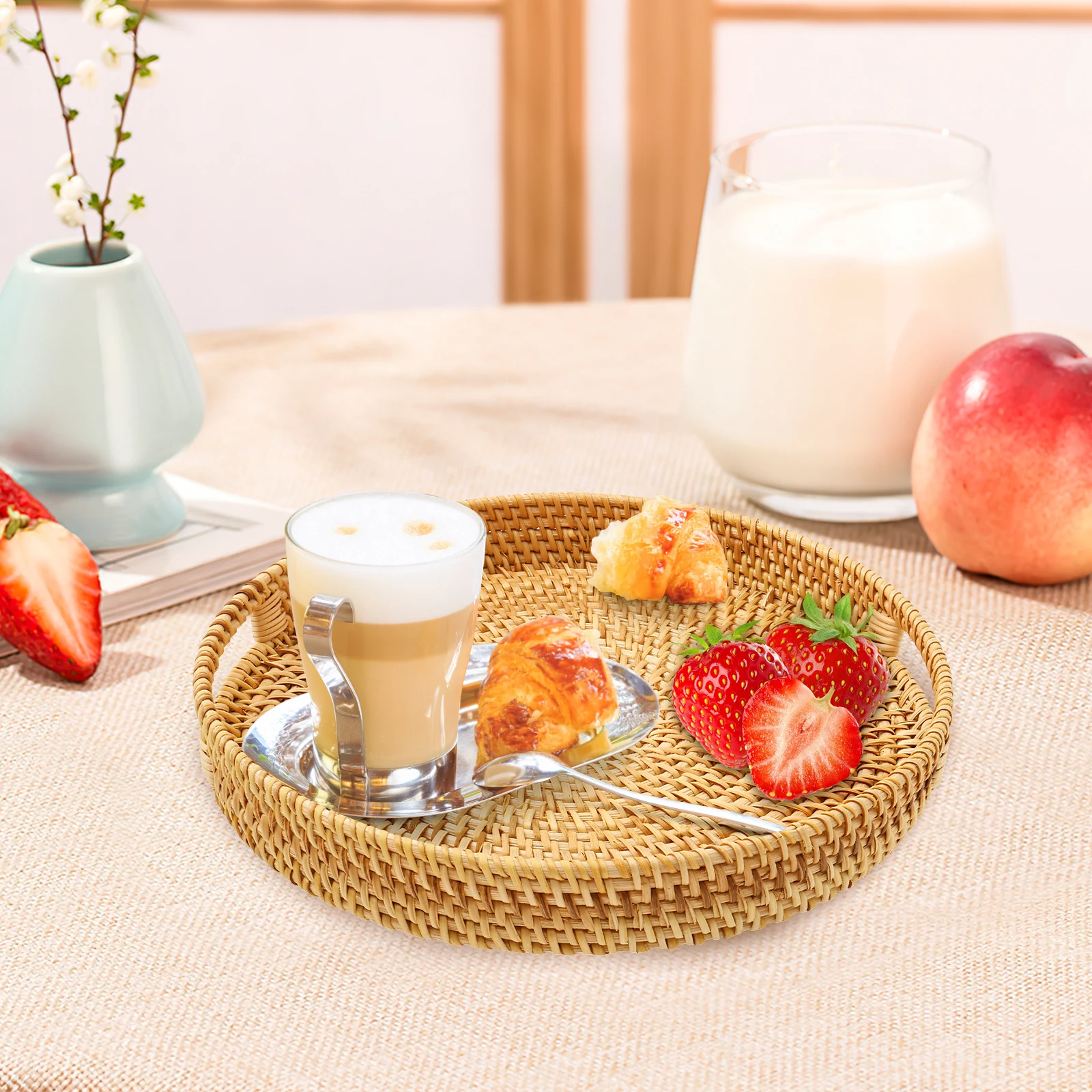 

Handwoven Rattan Storage Tray Round Wicker Basket Coffee Table Serving Tray with Built in Handles for Bread Snacks Fruits Picnic