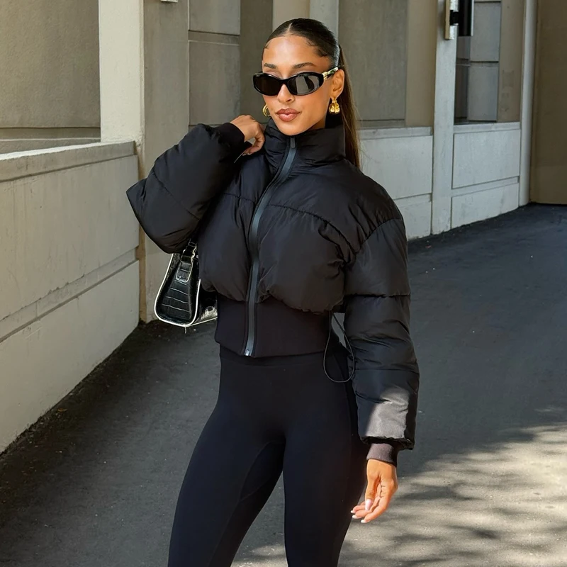 MUJER noir recadrée femmes veste matelassée Bomber vestes pour femmes Zip rembourré veste femme chaud hiver femmes manteaux vêtements d'extérieur