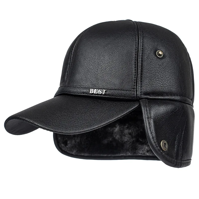 Winter New Men\'s Hat Imitation Leather Baseball Cap, Fashion Ear Protection Cap, Cap, Winter Outdoor Warm Hat, Elderly Hat