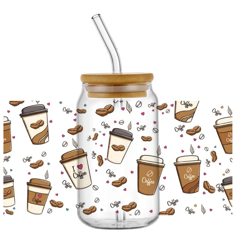 Accept Customization UV DTF Cup Mug Wraps Coffee Pattern 3D Transfer Sticker for 16oz Libbey Glasses Cup Waterproof DIY Sticker