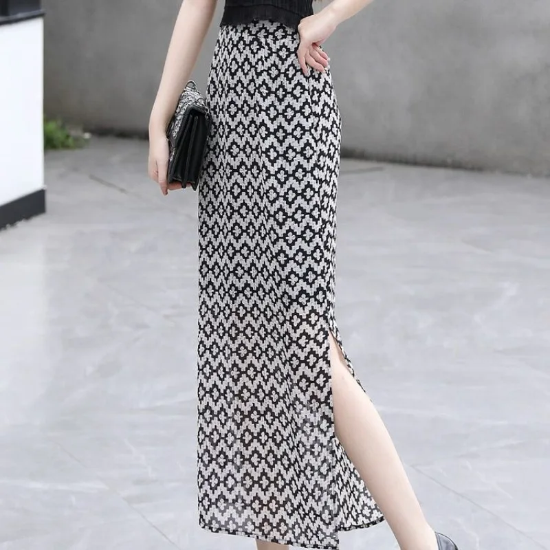 Simplicity Office Lady New Summer Skirts Chiffon Women's Solid High Waist Split Fashion Slim Mid-length Bag Hip Straight Skirts