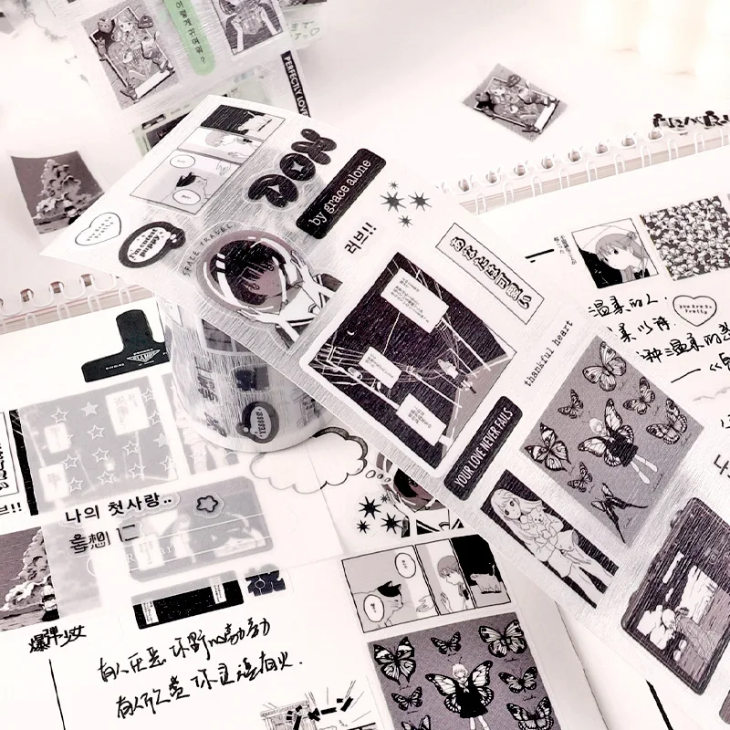 60mm * 2m Kawaii Black and White Comic Creative Handbook Decoration Die Cutting Tape DIY Diary Scrapbook Stationery
