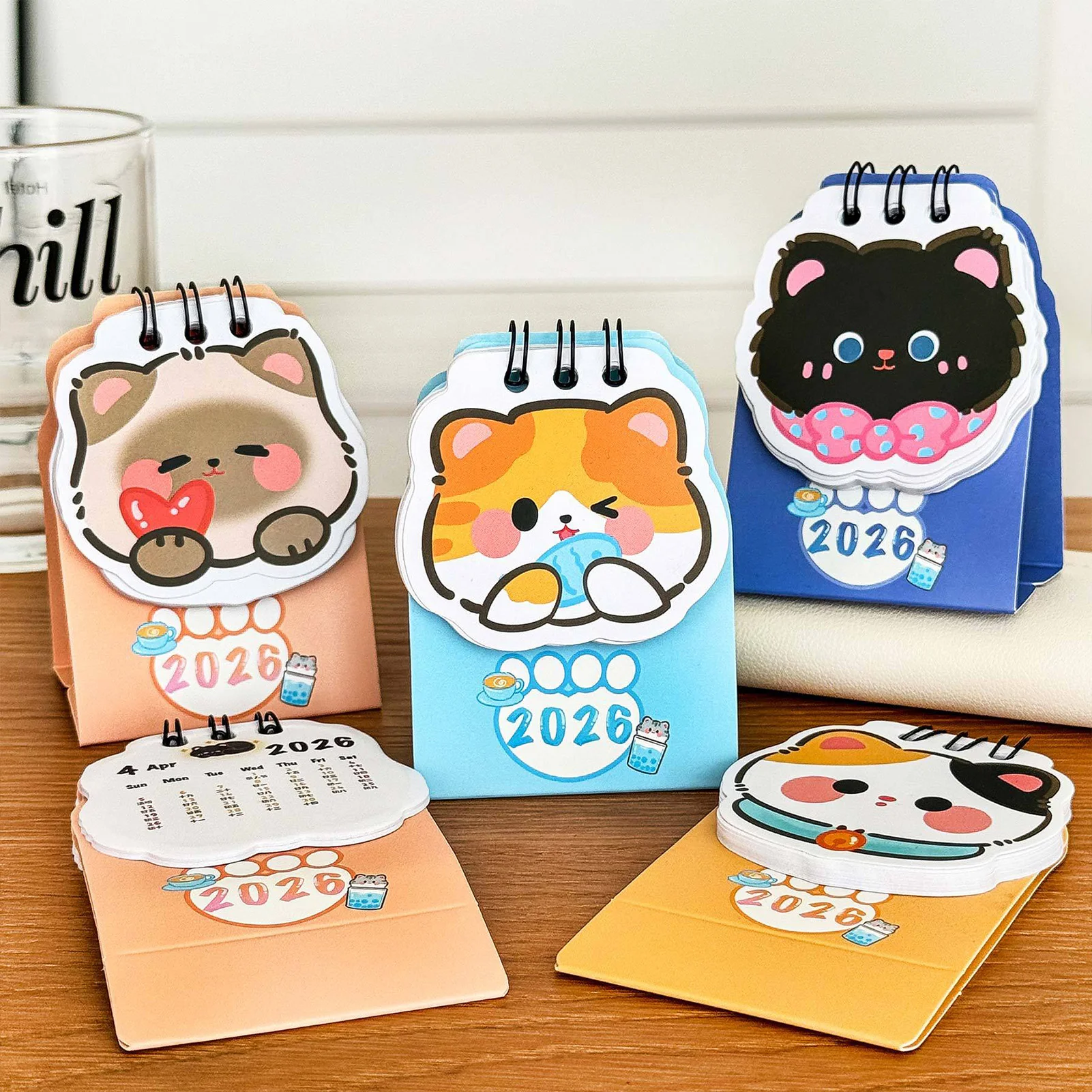 2026 Mini Desk Calendar Simple Cartoon Style English Desktop Calendar Cute Kitten Themed Schedule Planner Gifts for Students