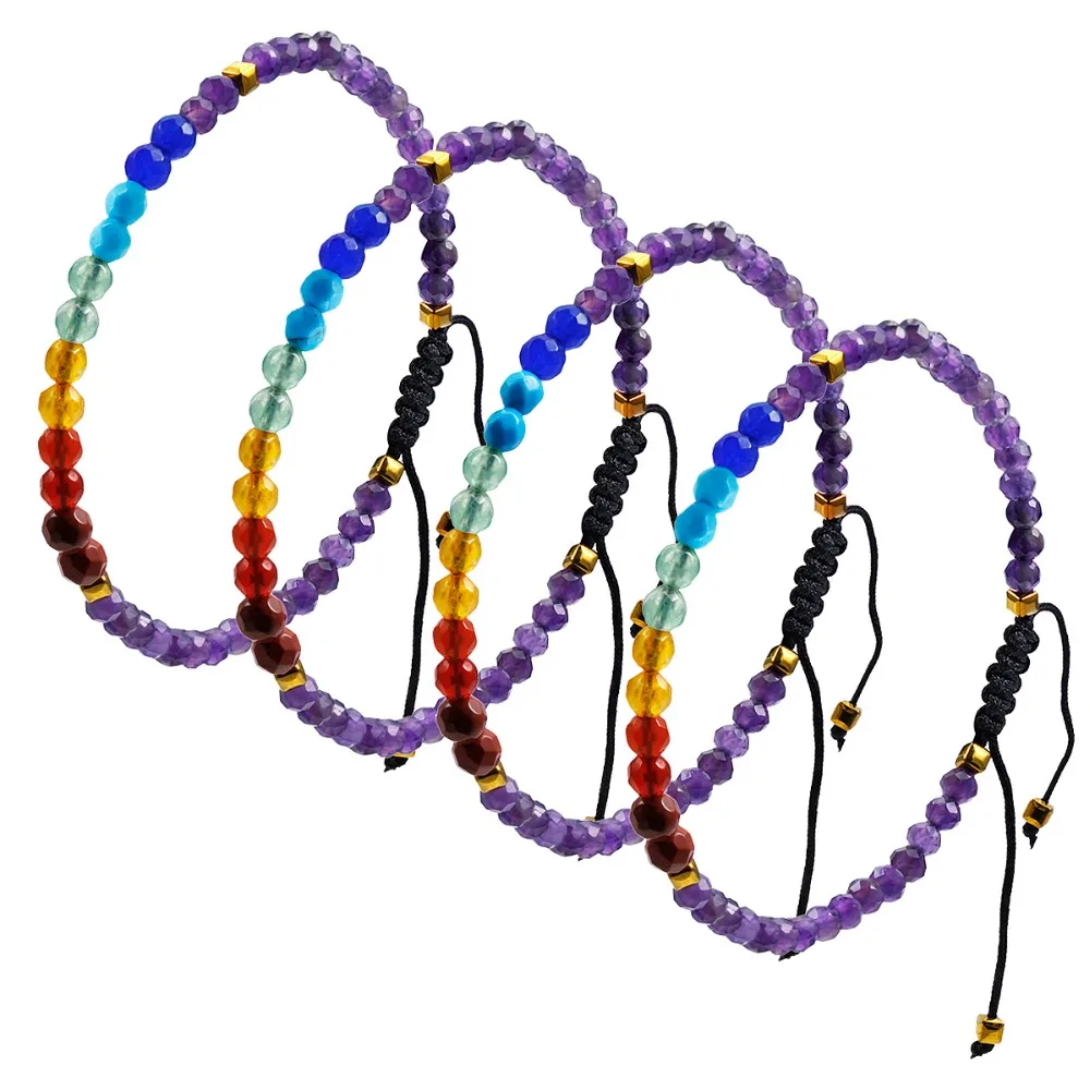 SUNYIK 4mm Faceted Crystal Stone Beaded Macrame Bracelet, 7 Chakra Stone Yoga Bangle