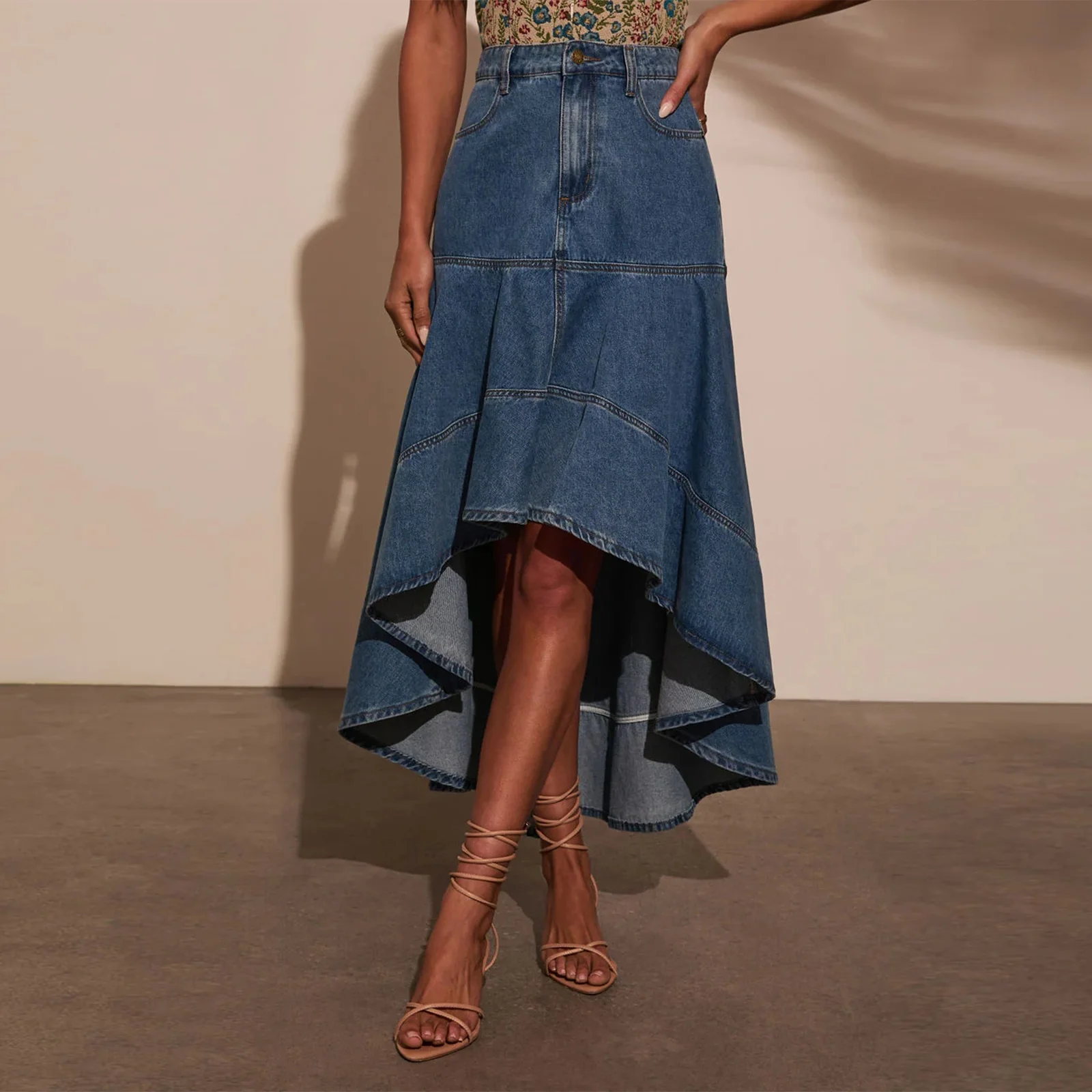 2025 femmes Vintage Denim asymétrique jupe Midi haute et basse une ligne solide Jean jupe pour l'été printemps automne