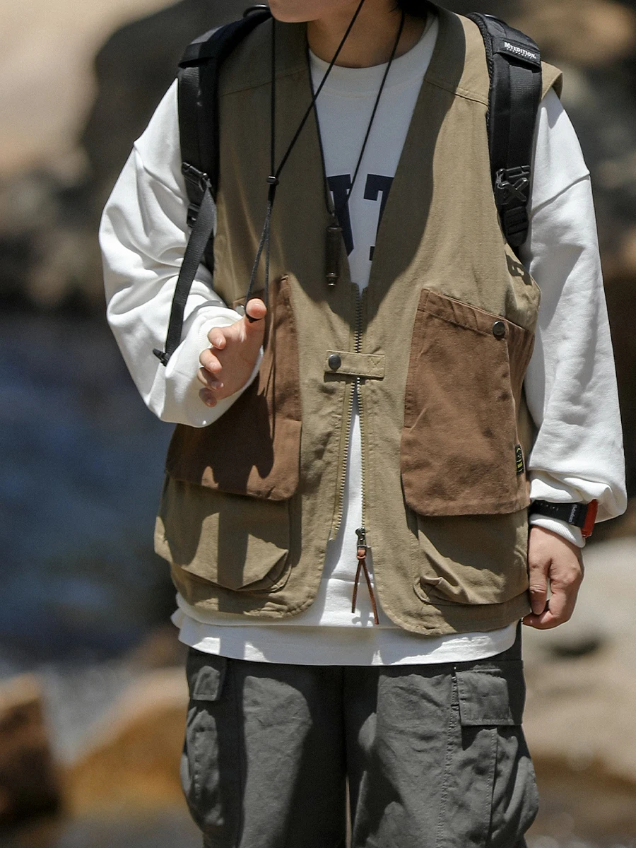 

Retro Japanese Sle Men's Vest ket Workwear Svel Oversized Color Blo Outerwear y Faion Youth Trend